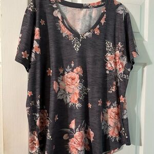 Women’s Charcoal Floral V-Neck Tunic - Pink Rose Print
